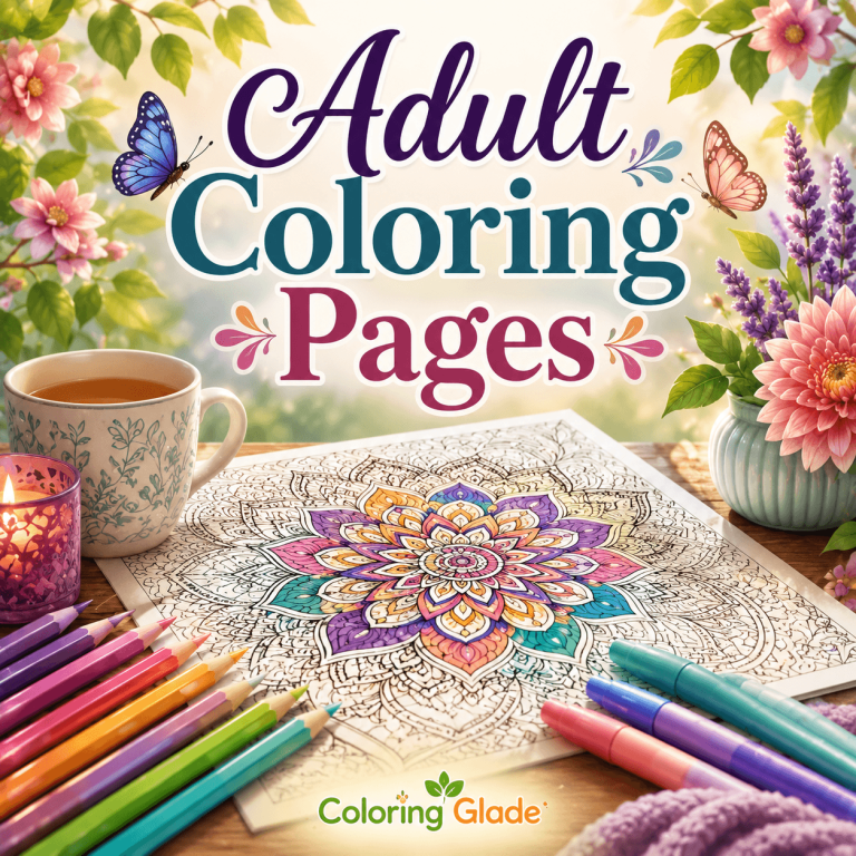 Adult coloring pages category image with mandala coloring sheet, colored pencils, flowers, butterflies, tea, and candle