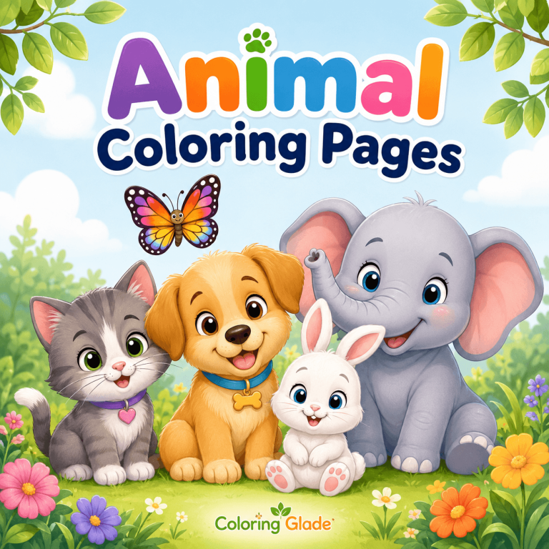 Animal coloring pages category image with cute cat, dog, bunny, elephant, and butterfly