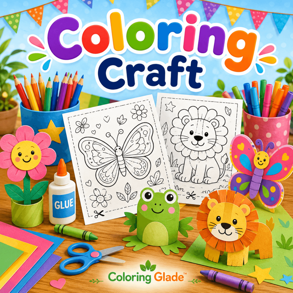 Coloring craft category image with printable coloring pages, crayons, glue, scissors, and paper crafts for kids