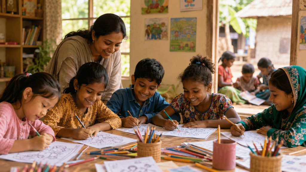 Children coloring free printable coloring pages with a teacher in a warm classroom setting