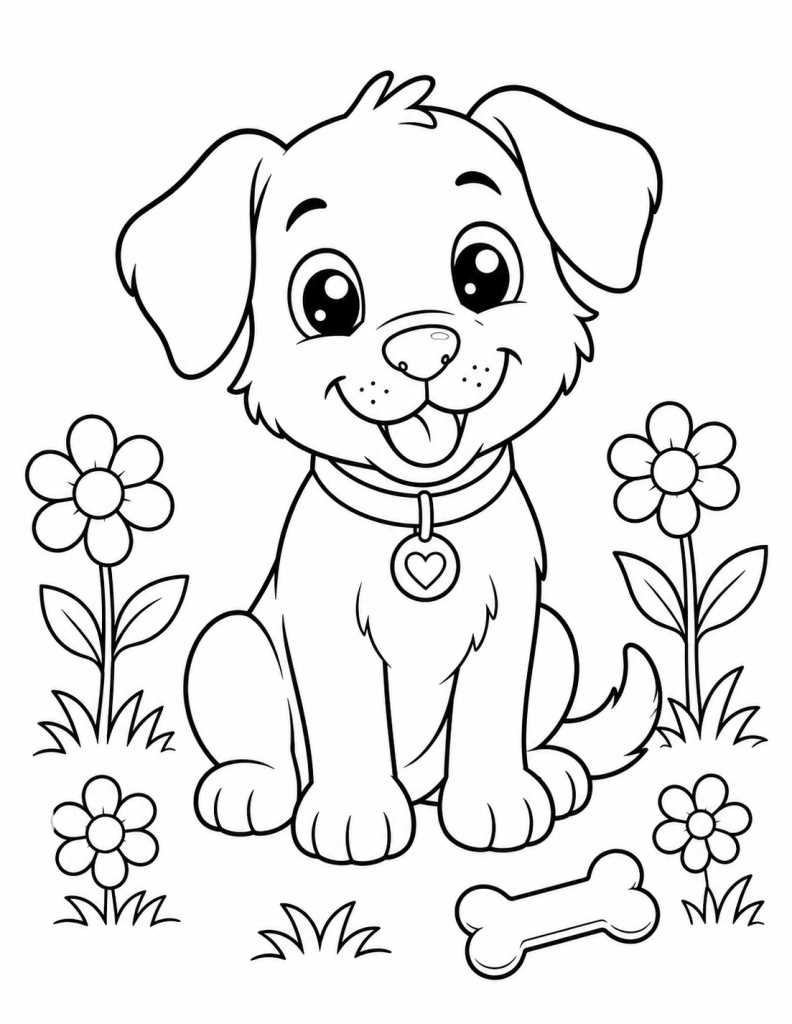 Dog coloring page with a happy puppy in a garden for kids