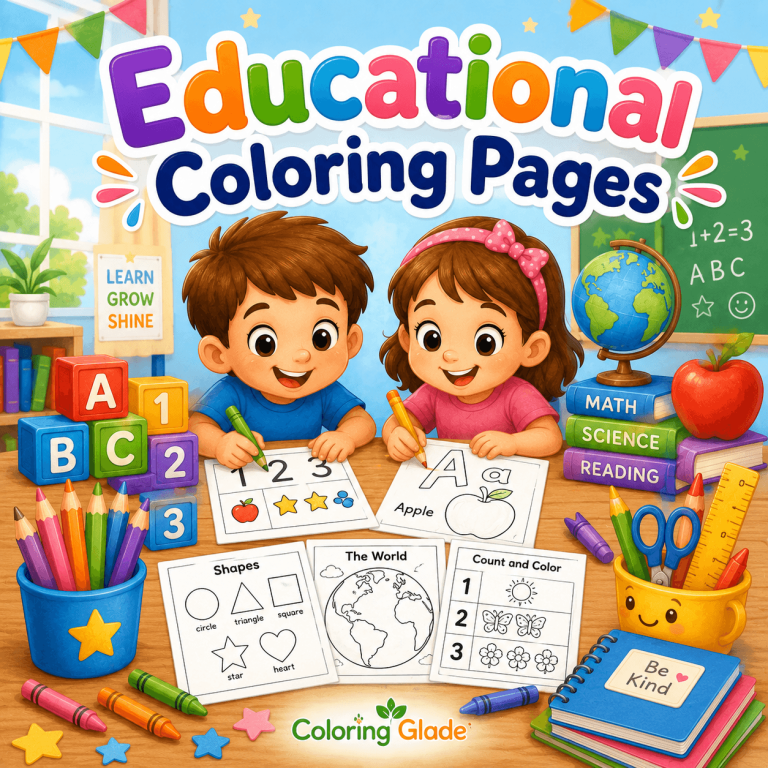 Educational coloring pages category image with children learning, alphabet, numbers, shapes, globe, books, crayons, and school activities
