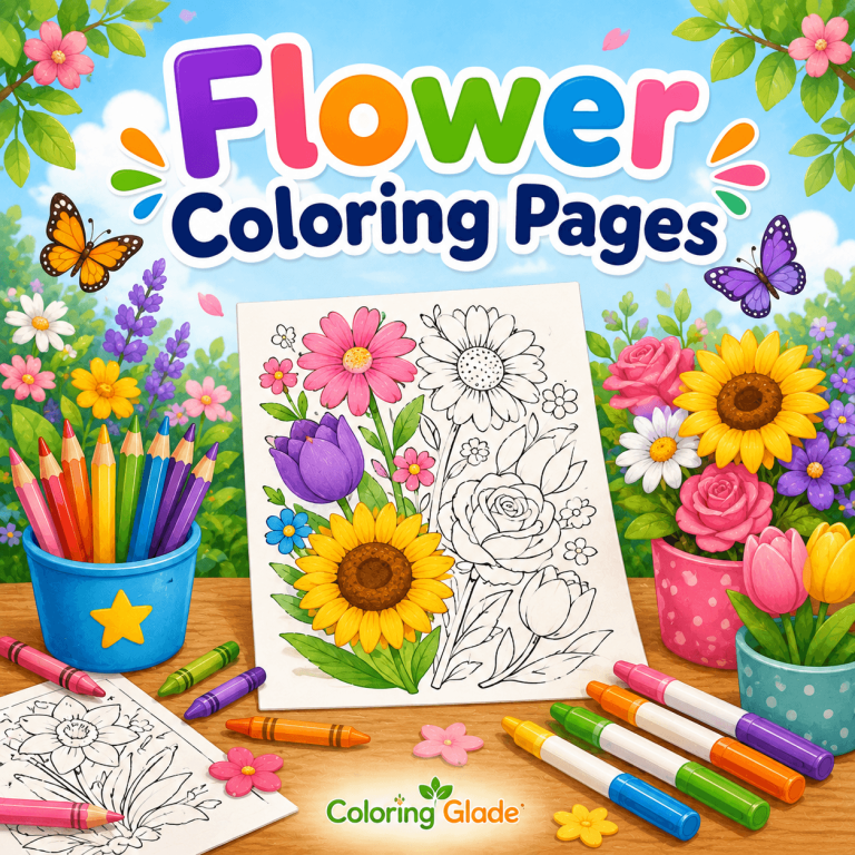 Flower coloring pages category image with colorful flowers, butterflies, crayons, markers, and printable flower coloring sheets