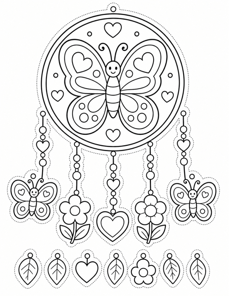 Butterfly hanging craft coloring page with hearts, flowers, leaves, and cut-out decorations for kids