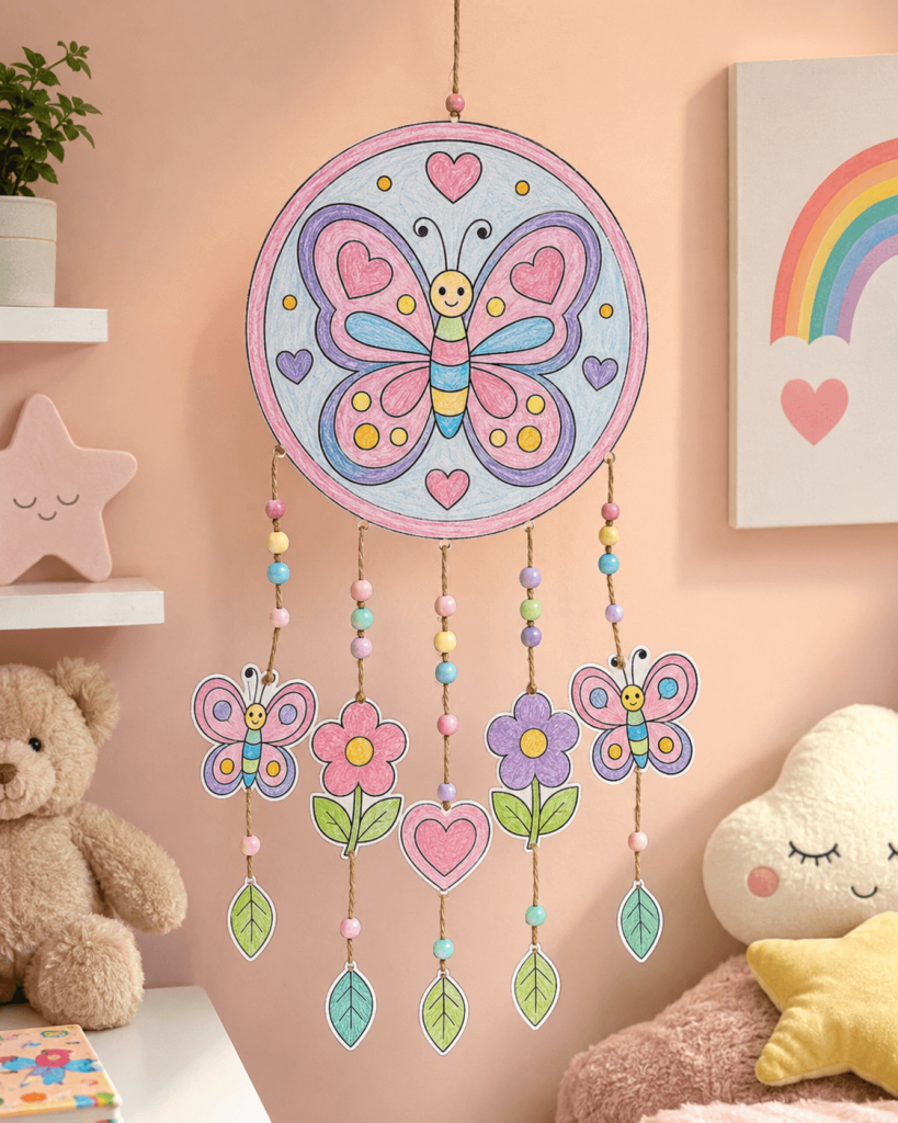 Butterfly hanging craft coloring page with hearts, flowers, leaves, and cut-out decorations for kids