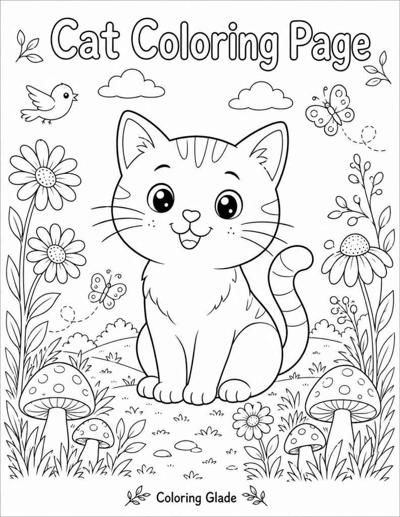 Cat coloring page with a cute kitten, flowers, butterflies, mushrooms, and garden details for kids