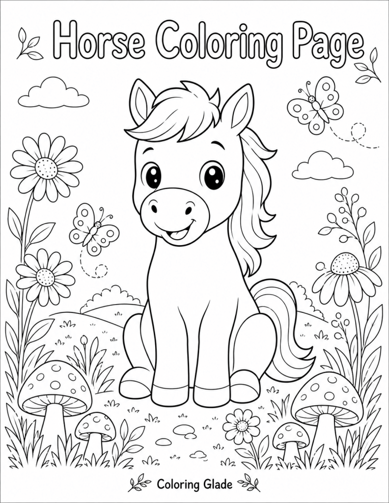 Horse coloring page with a cute pony, flowers, butterflies, mushrooms, and meadow details for kids