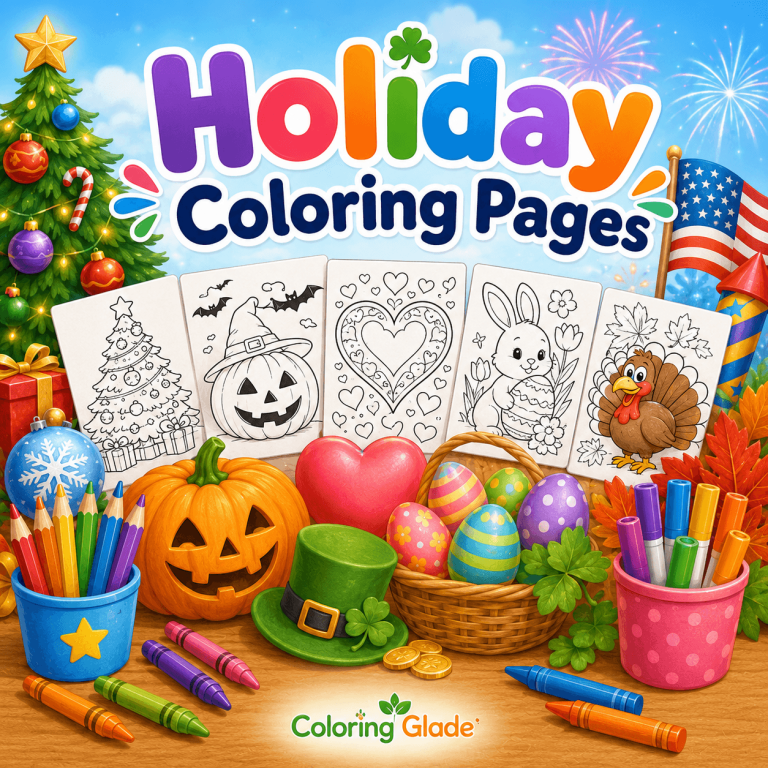Holiday coloring pages category image with Christmas, Halloween, Thanksgiving, Valentine’s Day, Easter, Fourth of July, and St. Patrick’s Day coloring sheets