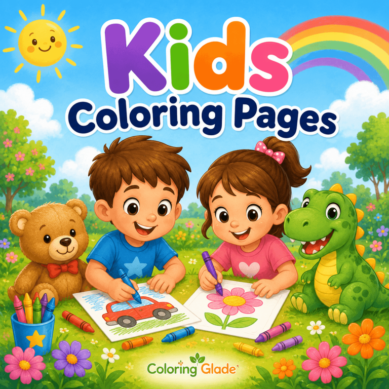 Kids coloring pages category image with children coloring, teddy bear, dinosaur, crayons, rainbow, and flowers