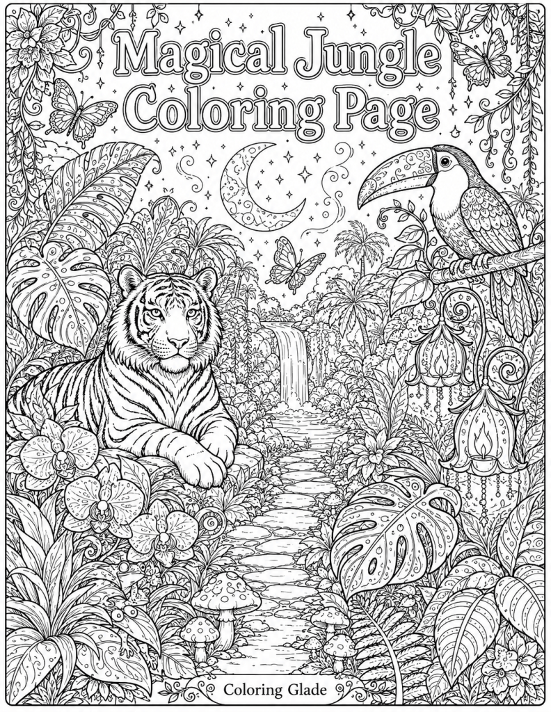 Magical jungle coloring page with tiger, toucan, waterfall, tropical leaves, moon, stars, and butterflies