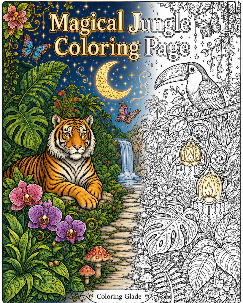 Colored preview of a magical jungle coloring page with tiger, toucan, tropical plants, moon, and waterfall