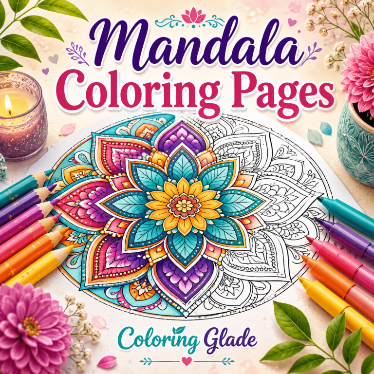 Mandala coloring pages category image with colorful mandala, colored pencils, flowers, candle, and relaxing coloring setup