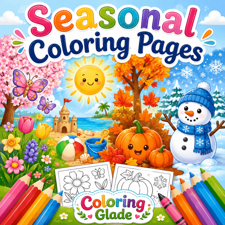 Seasonal coloring pages category image with spring flowers, summer beach, fall l