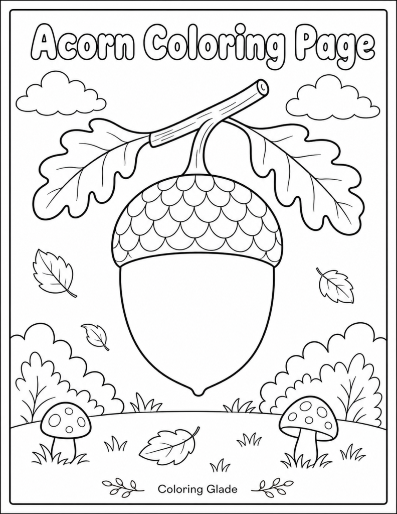 Free printable acorn coloring page – black and white line art for kids