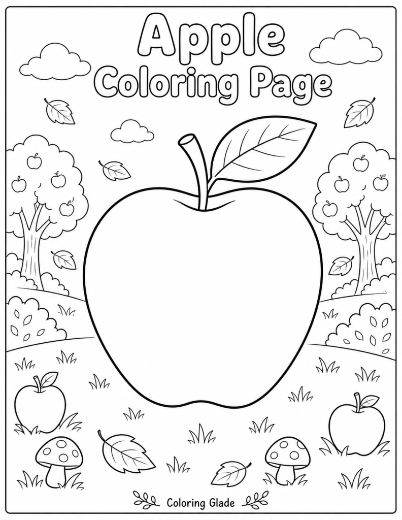 Free printable apple coloring page – black and white line art for kids