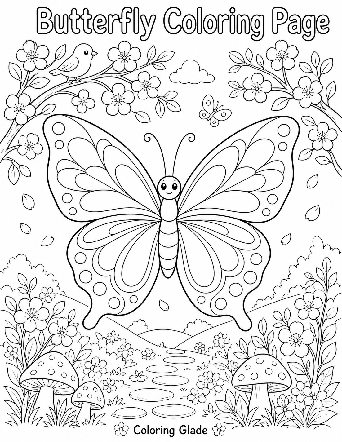 Free printable blossom garden butterfly coloring page
