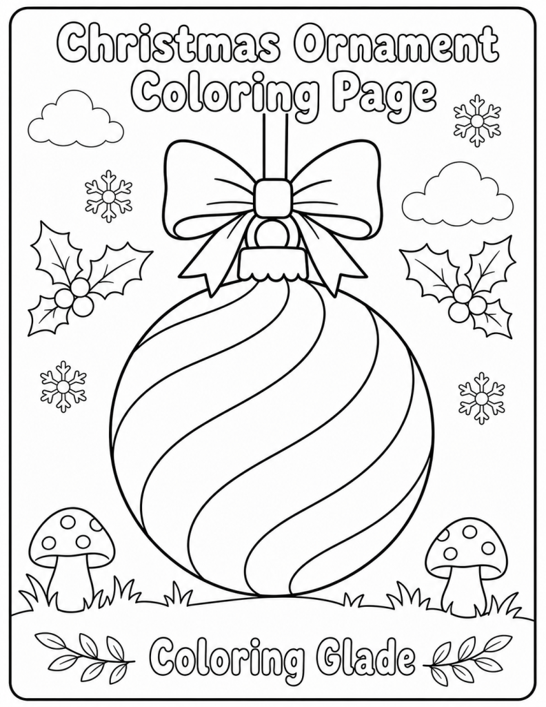 Free printable Christmas ornament coloring page – black and white line art for kids