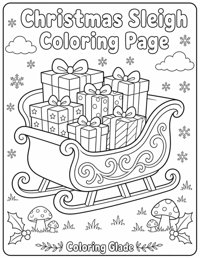 Free printable christmas sleigh coloring page – black and white line art for kids