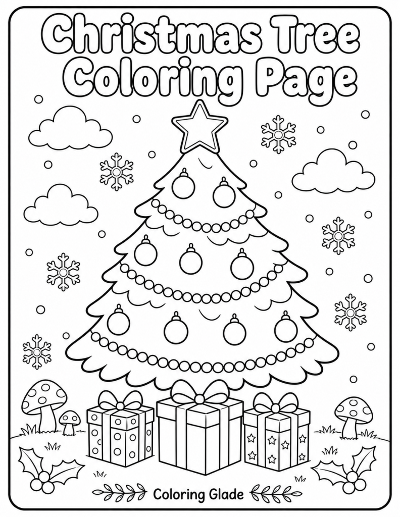 Free printable Christmas tree coloring page – black and white line art for kids