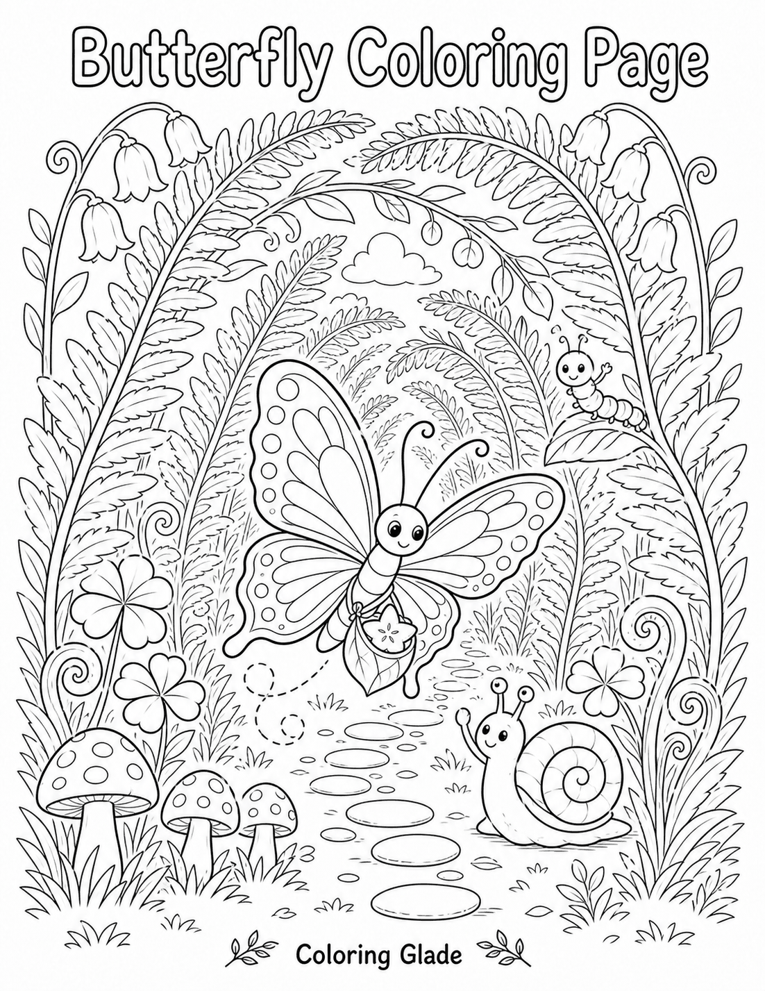 Fern tunnel butterfly coloring page - a butterfly flying through a leafy tunnel of arching ferns and bluebell flowers, greeted by a caterpillar and a snail along the mossy path