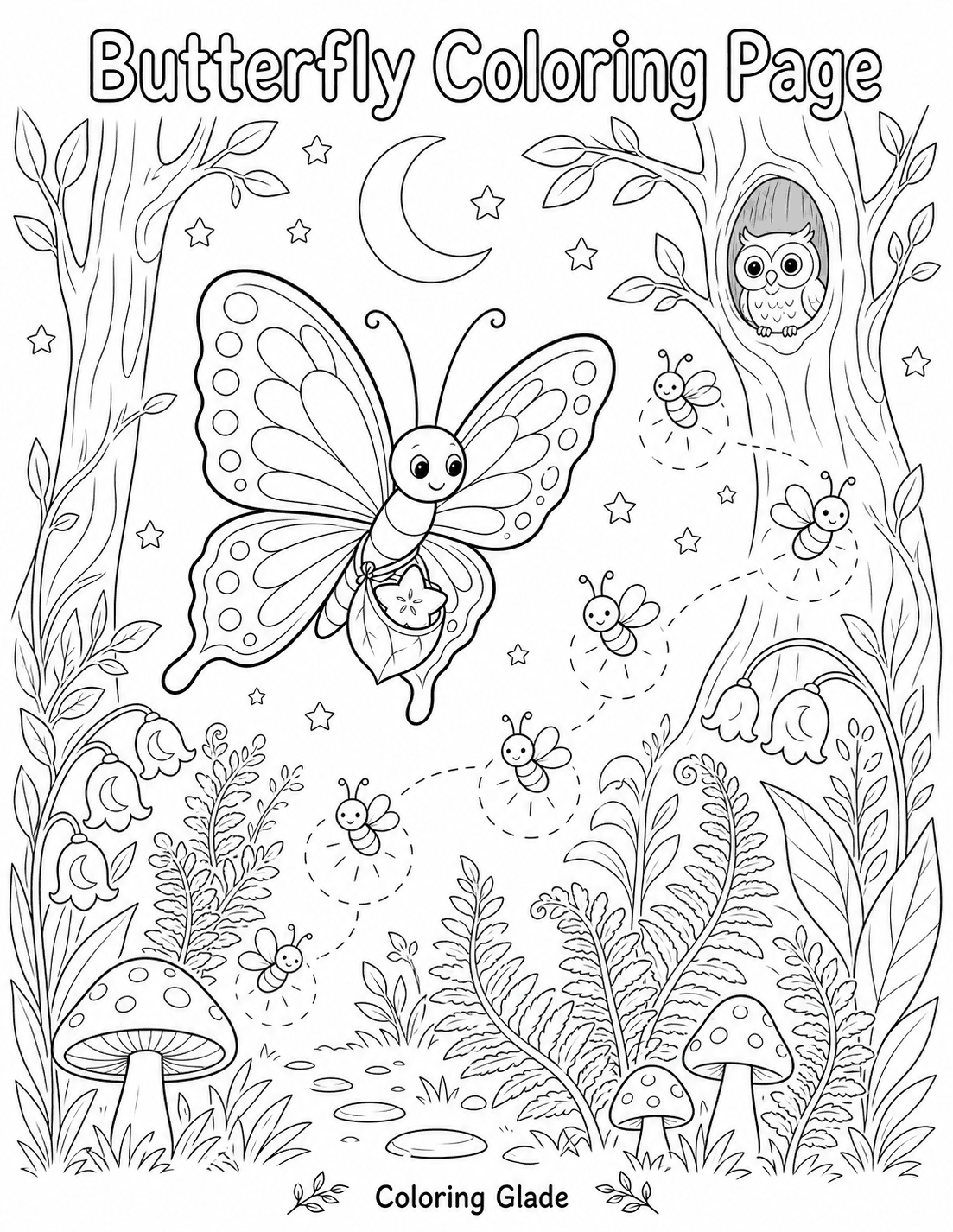Firefly lanterns butterfly coloring page - a butterfly flying under a starry night sky, lit by a trail of glowing fireflies, while a wise owl watches from a hollow tree