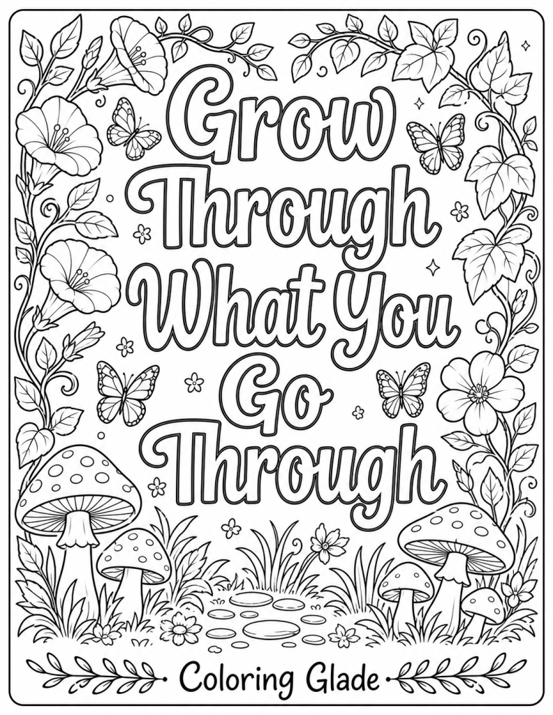 Grow through what you go through coloring page – Free printable Grow Through What You Go Through coloring page – black and white line art for kids and adults