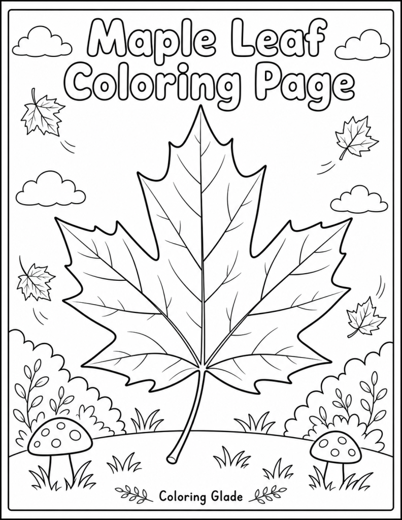 Free printable maple leaf coloring page – black and white line art for kids