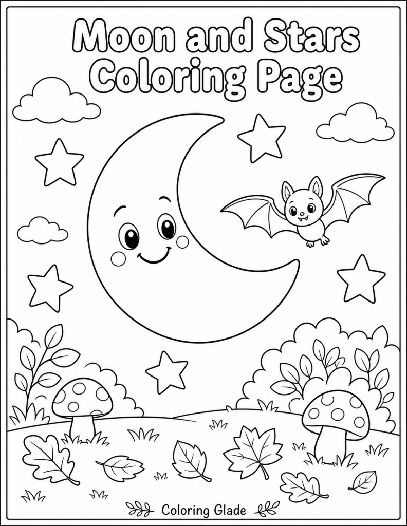 Free printable moon and stars coloring page – black and white line art for kids