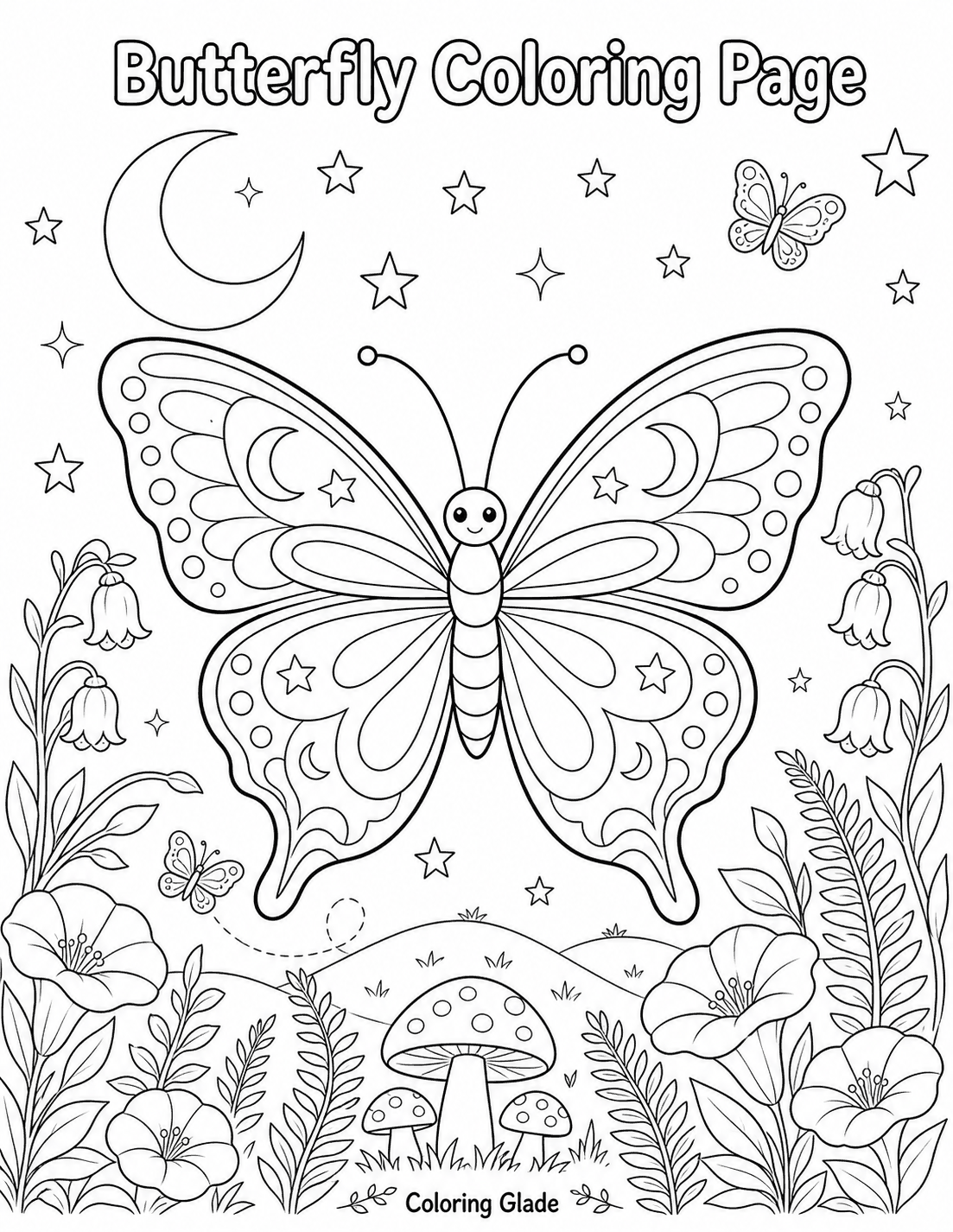 Free printable moon garden butterfly coloring page