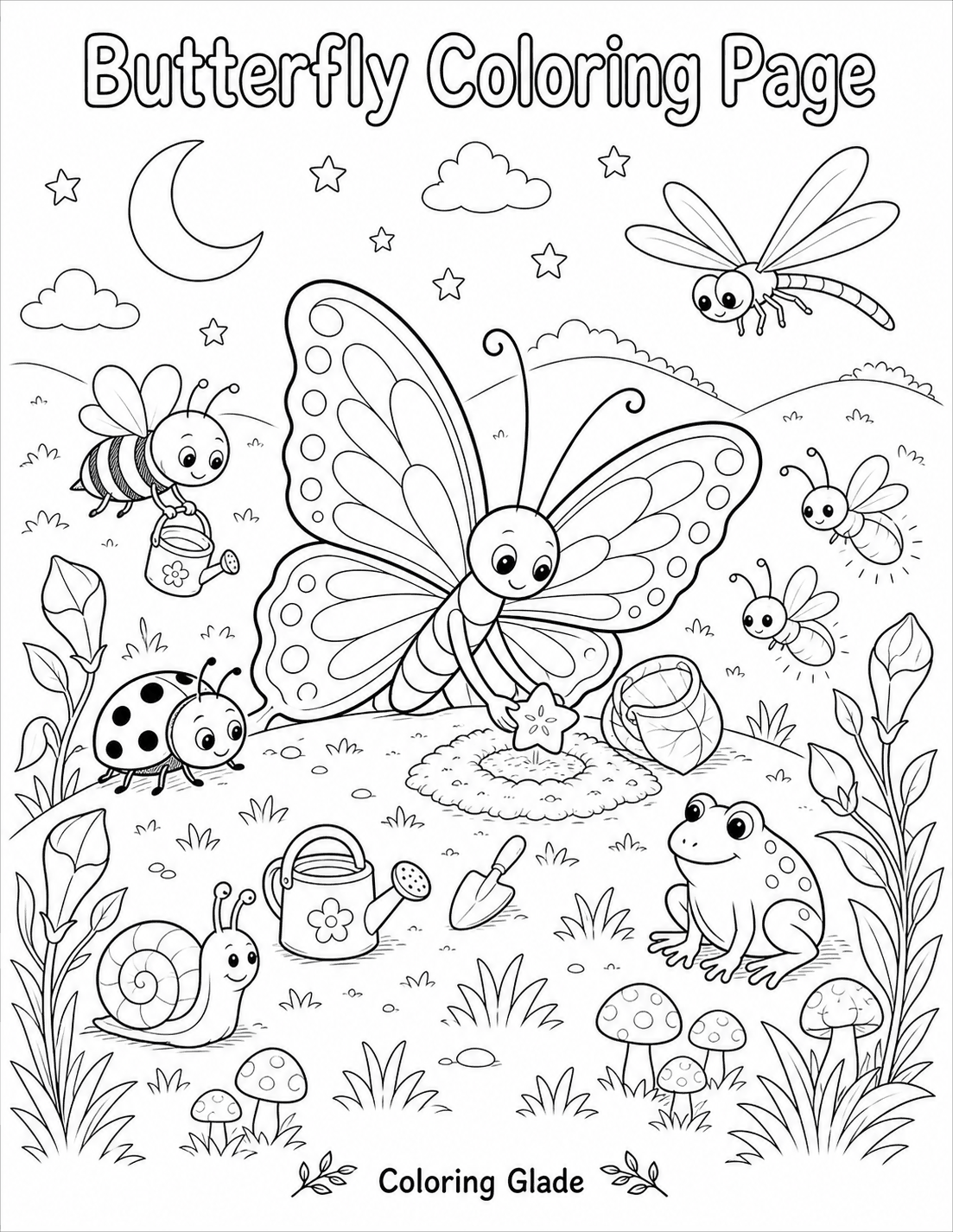 Moonflower hill butterfly coloring page - a butterfly planting the glowing star seed into the soil atop a hill at night, surrounded by a bee with a watering can, a ladybug, a snail, a frog, and a dragonfly