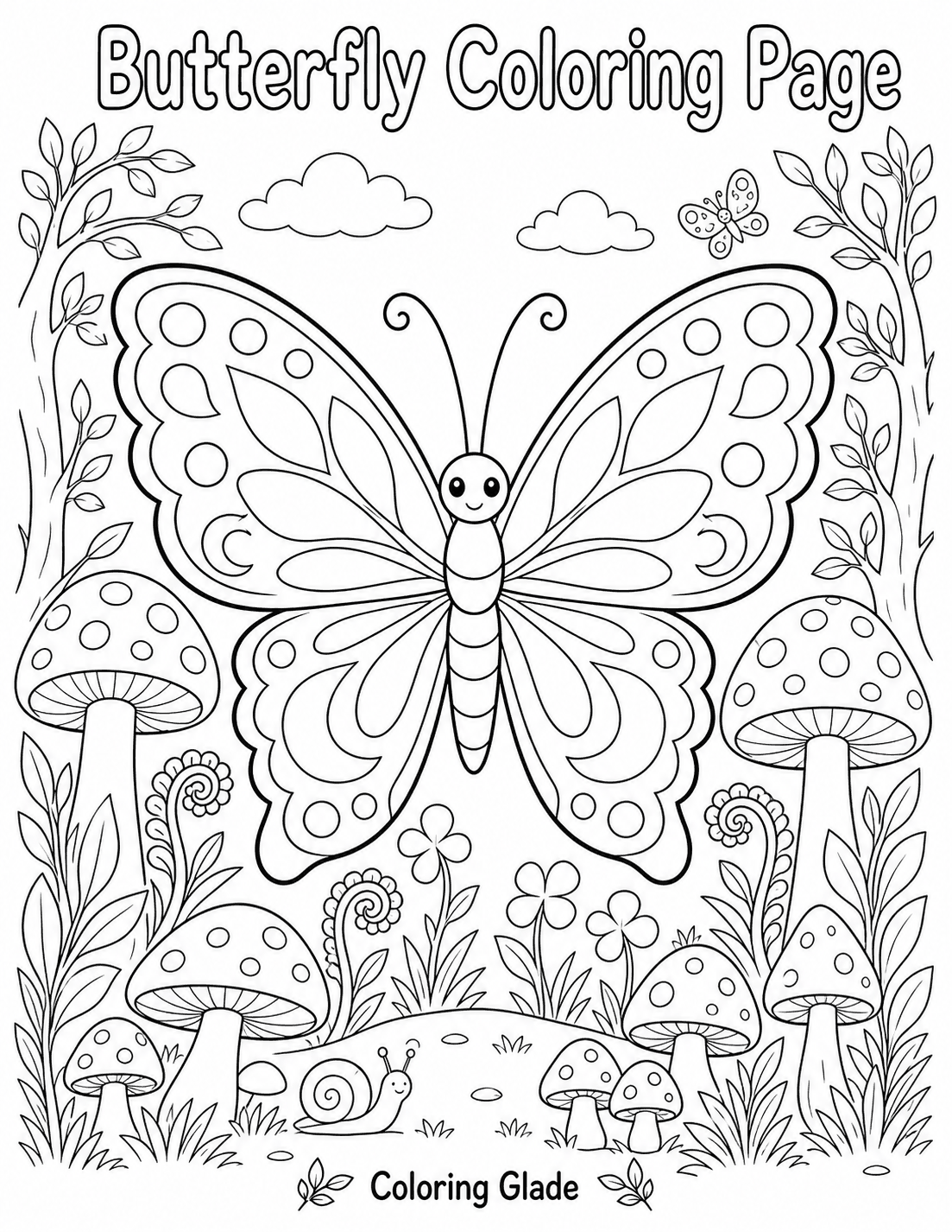 Free printable mushroom grove butterfly coloring page