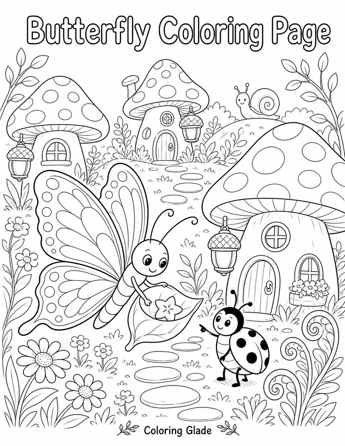 Mushroom village butterfly coloring page - a butterfly and a friendly ladybug arriving at a cozy village of mushroom houses complete with tiny doors, round windows, and hanging acorn lanterns