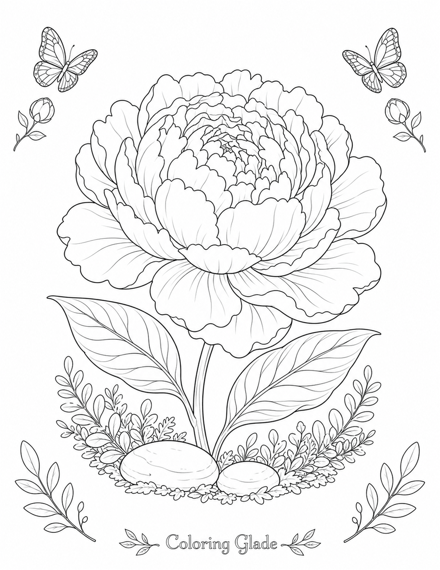 Free printable Peony coloring page – black and white line art