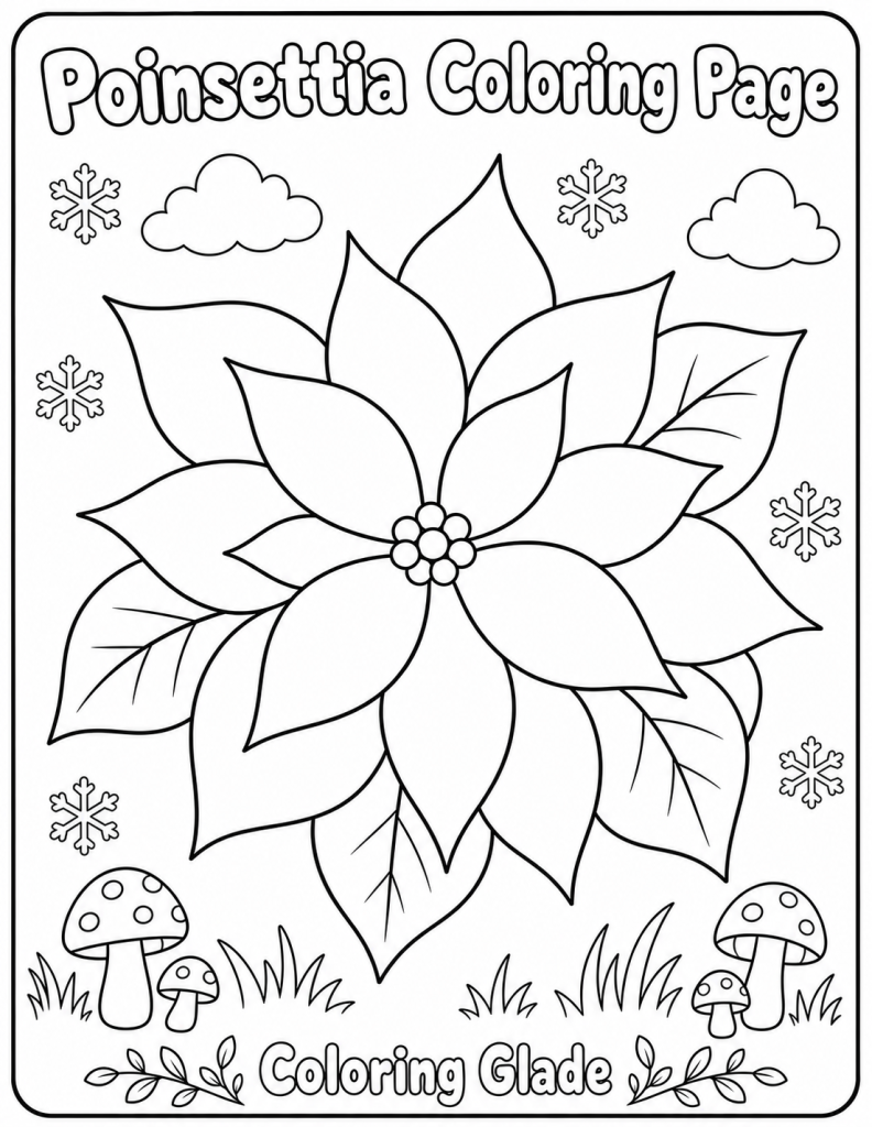 Free printable poinsettia coloring page – black and white line art for kids