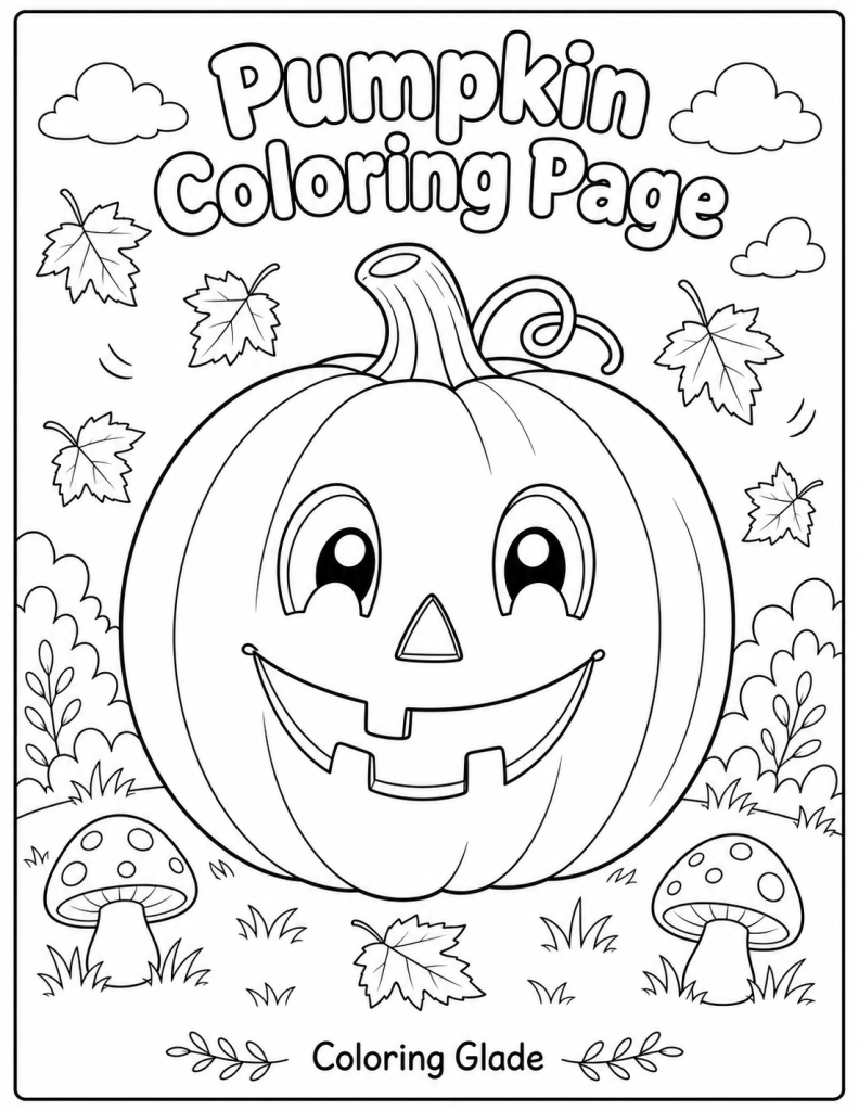 Pumpkin coloring page with a smiling jack-o'-lantern, fall leaves, and mushrooms for kids