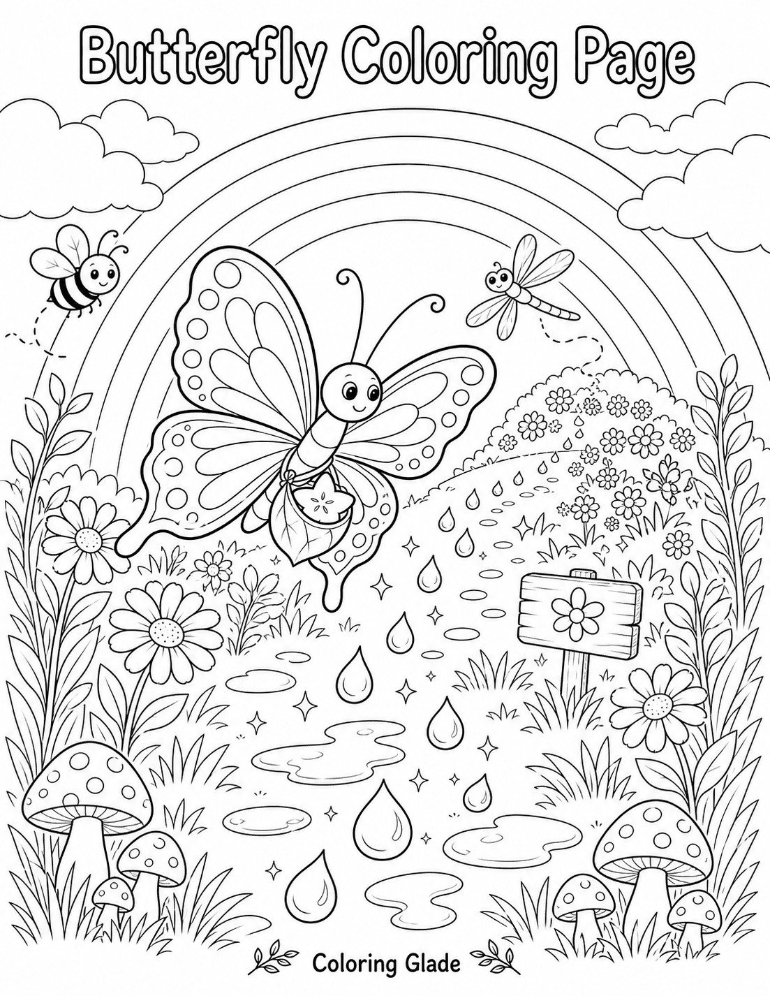 Rainbow path butterfly coloring page - a butterfly following a path beneath a bright rainbow, alongside a bee and a dragonfly, toward a little wooden signpost