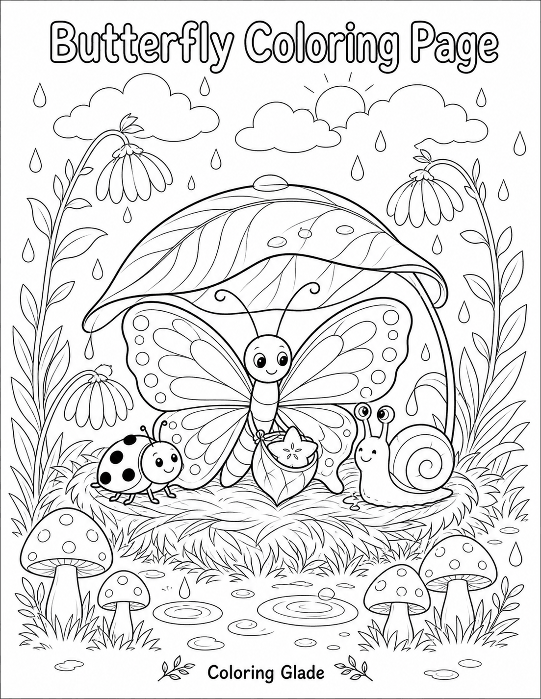 Shelter from the rain butterfly coloring page - a butterfly, ladybug, and snail huddled together under a big leaf umbrella while raindrops fall around them