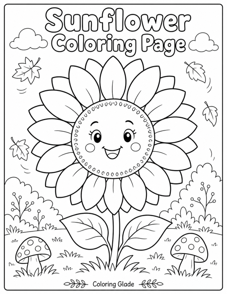 Free printable sunflower coloring page – black and white line art for kids