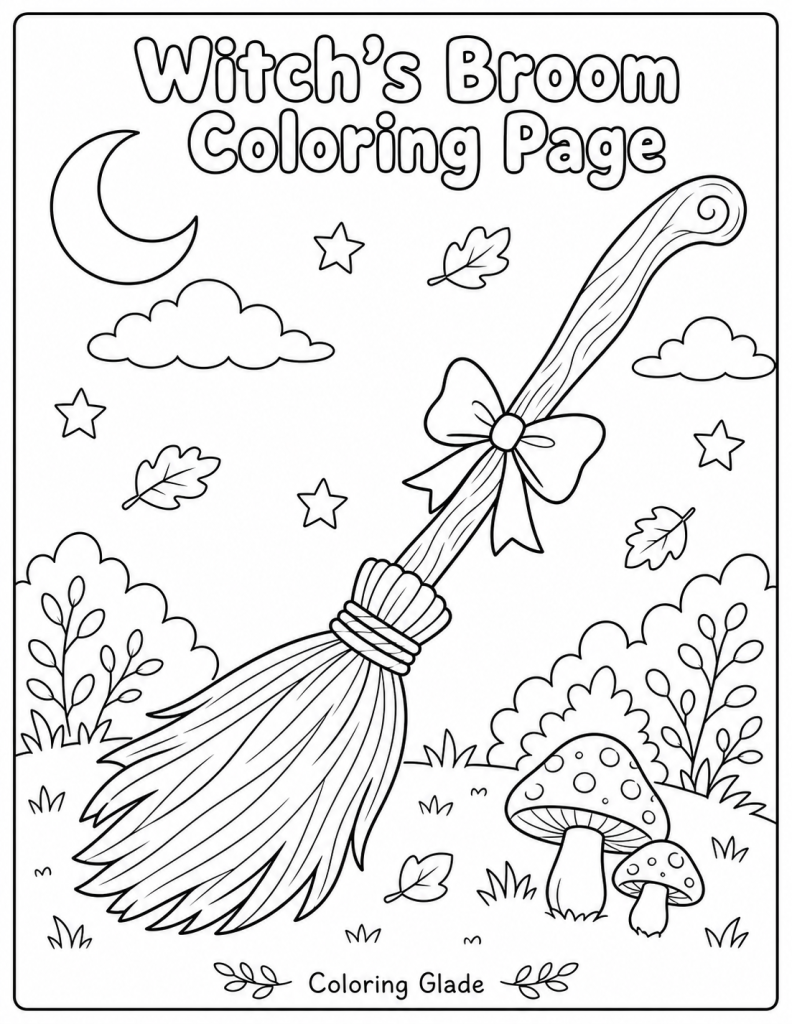 Free printable witch broom coloring page – black and white line art for kids