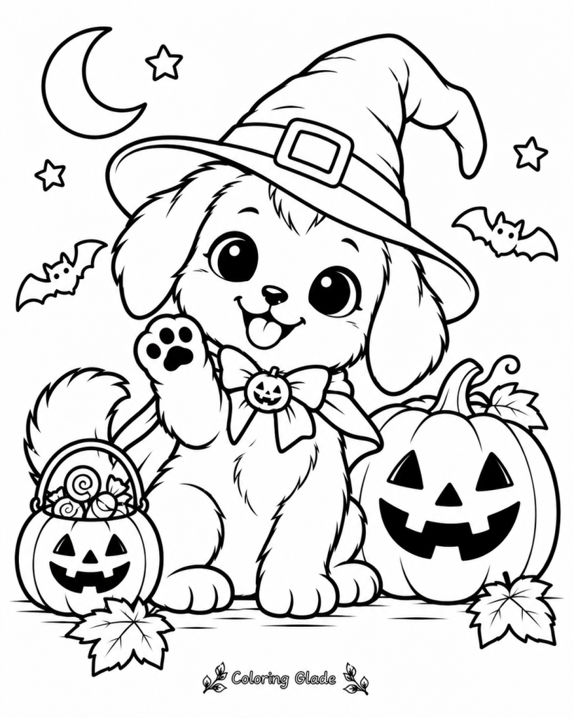 Free printable kawaii Halloween puppy coloring page with a waving puppy in a witch hat beside pumpkins