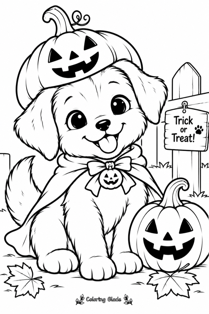 Free printable pumpkin puppy trick-or-treat coloring page with a puppy in a jack-o-lantern hat beside a Trick or Treat sign