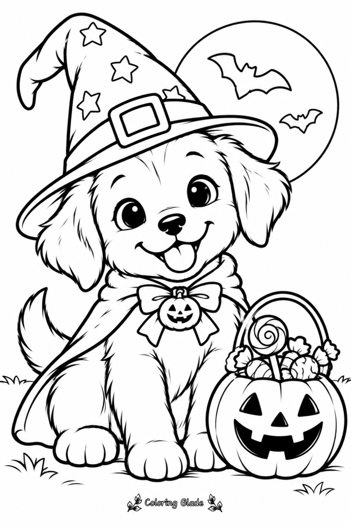 Free printable puppy's Halloween adventure coloring page with a puppy in a starry witch hat under a full moon and bats