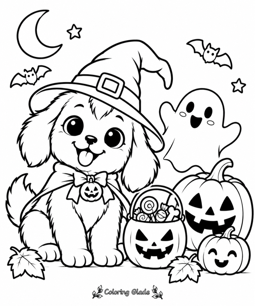 Free printable whimsical puppy witch Halloween coloring page with a puppy in a witch hat beside a friendly ghost and pumpkins