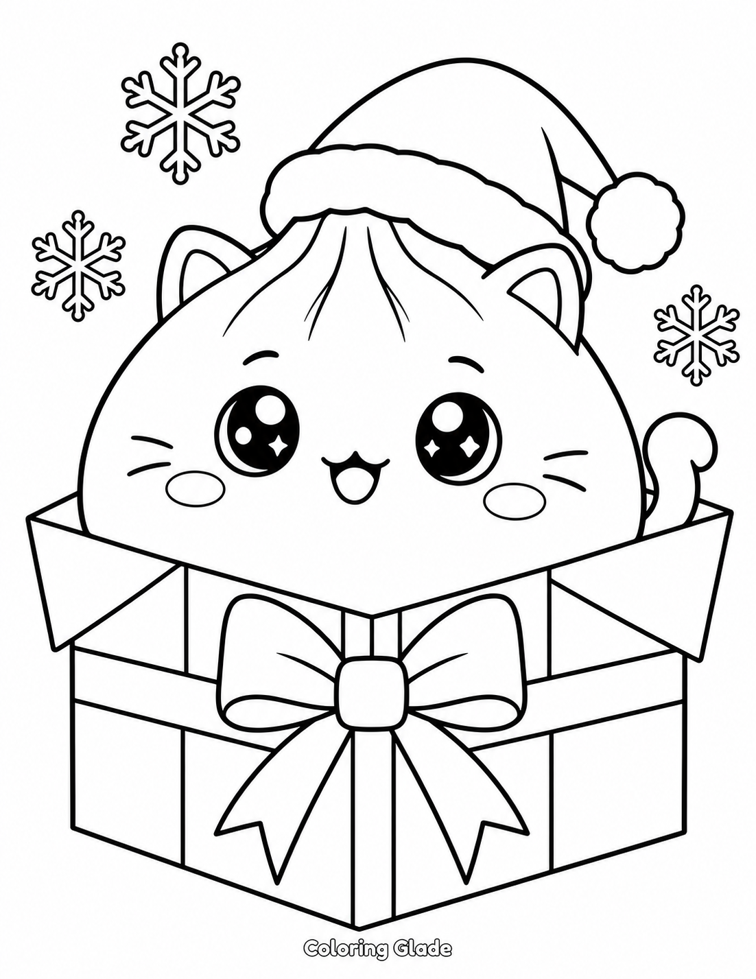 Bao-style Christmas Squishy Dumpling cat with tiny ears, whiskers, curled tail, Santa hat, and gift box