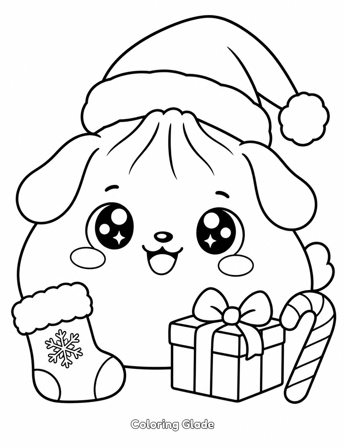 Bao-style Christmas Squishy Dumpling puppy with floppy ears, Santa hat, stocking, present, and candy cane