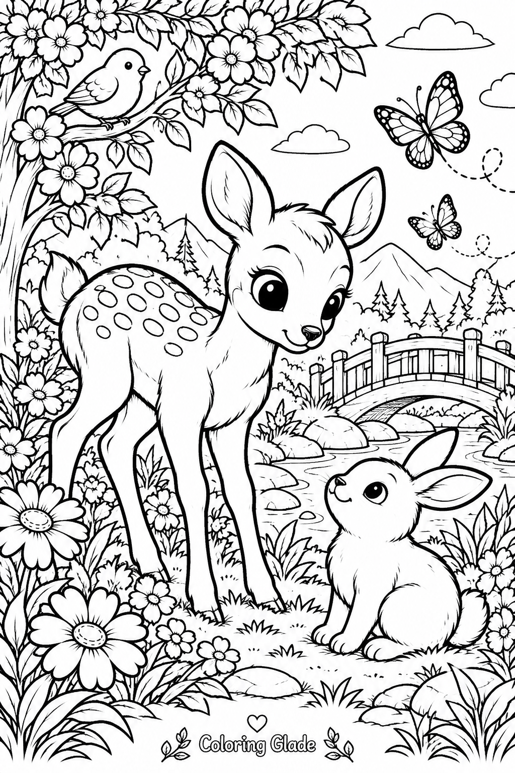 Free printable fawn and rabbit coloring page – black and white line art for kids