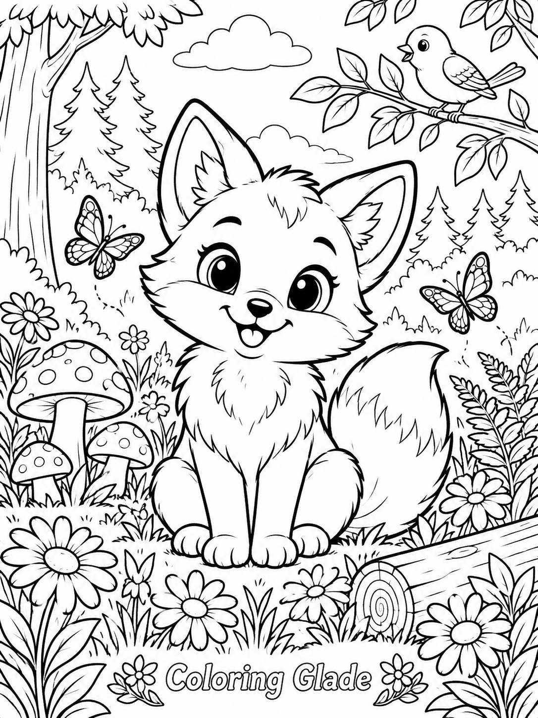 Free printable fox cub in the forest coloring page – black and white line art for kids