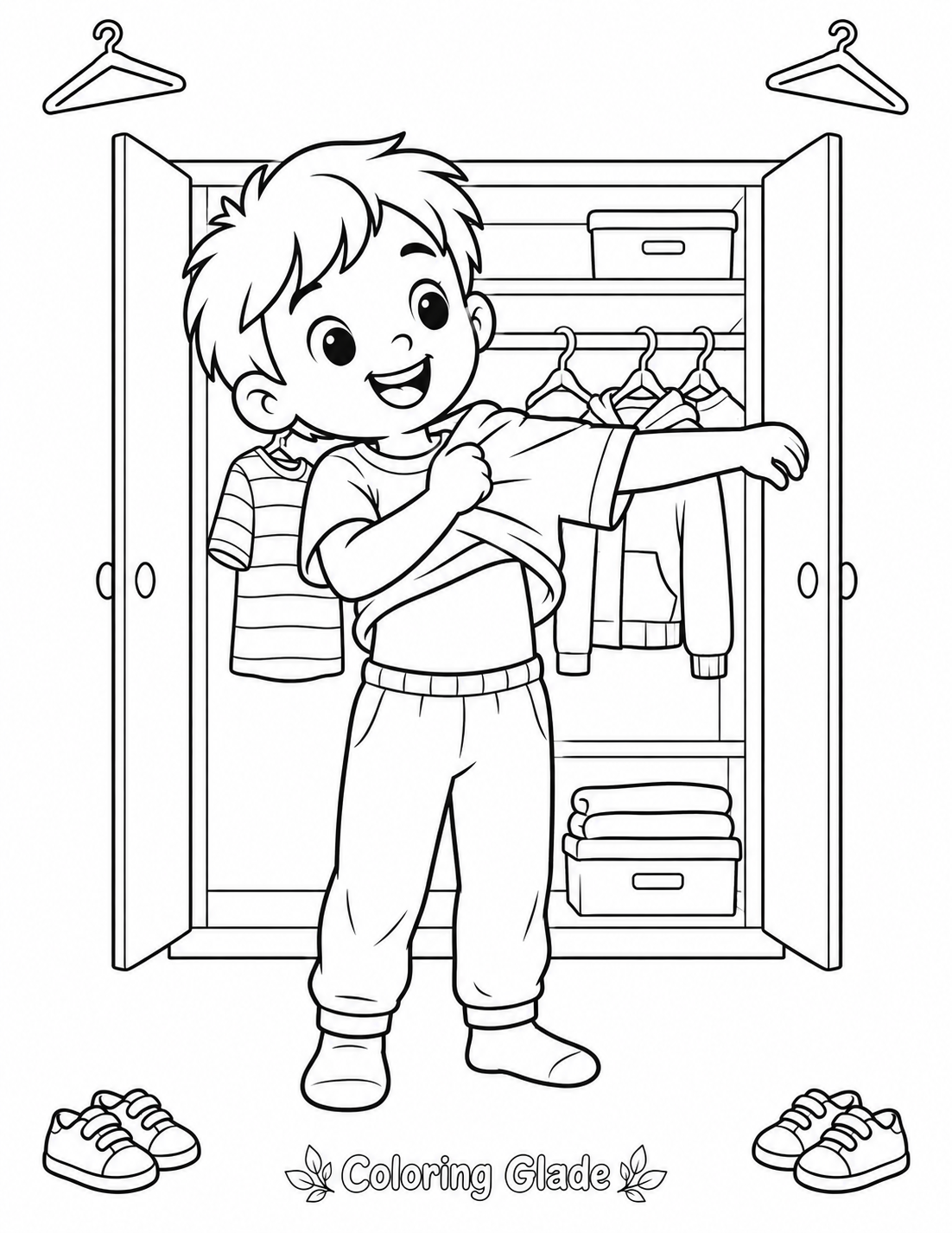Free printable Getting Dressed coloring page for kids