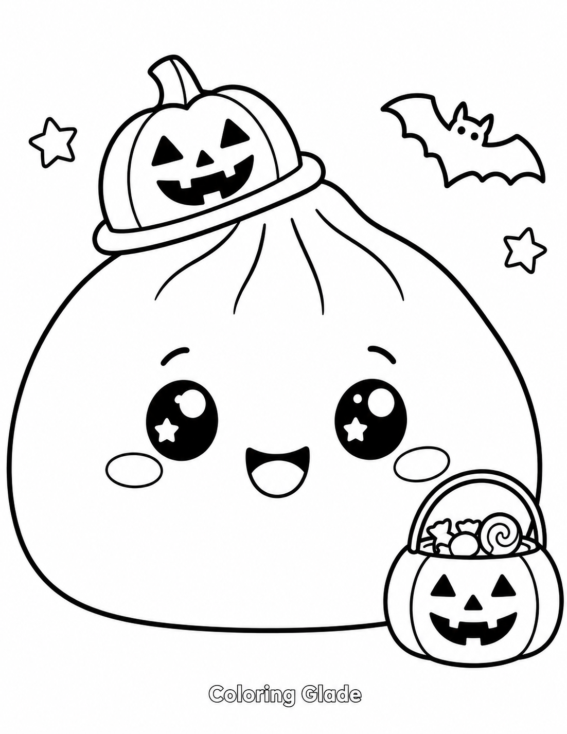 Limbless bao-style Halloween Squishy Dumpling wearing a pumpkin hat beside a candy-filled pumpkin bucket