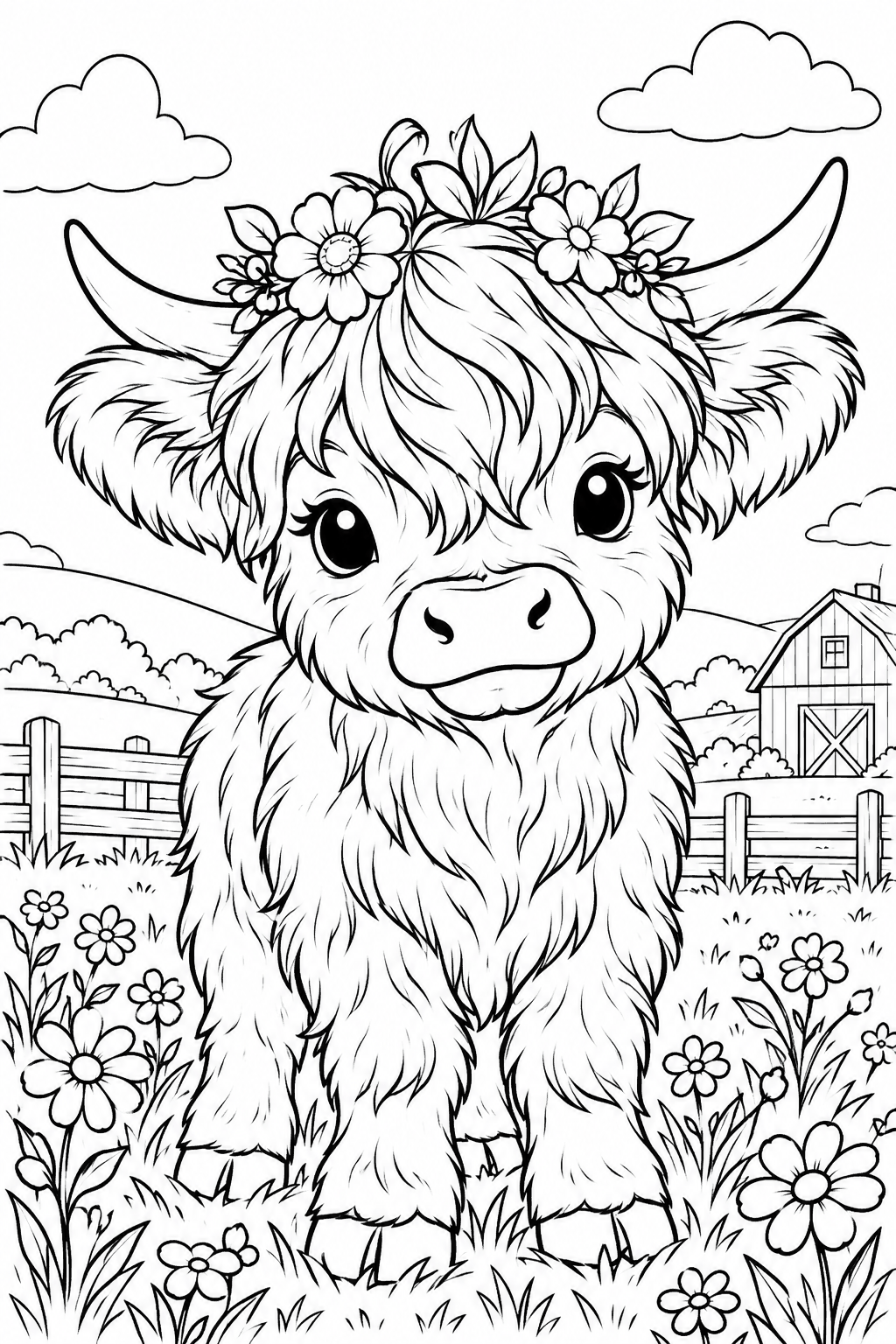 Free printable Highland cow calf coloring page – black and white line art for kids